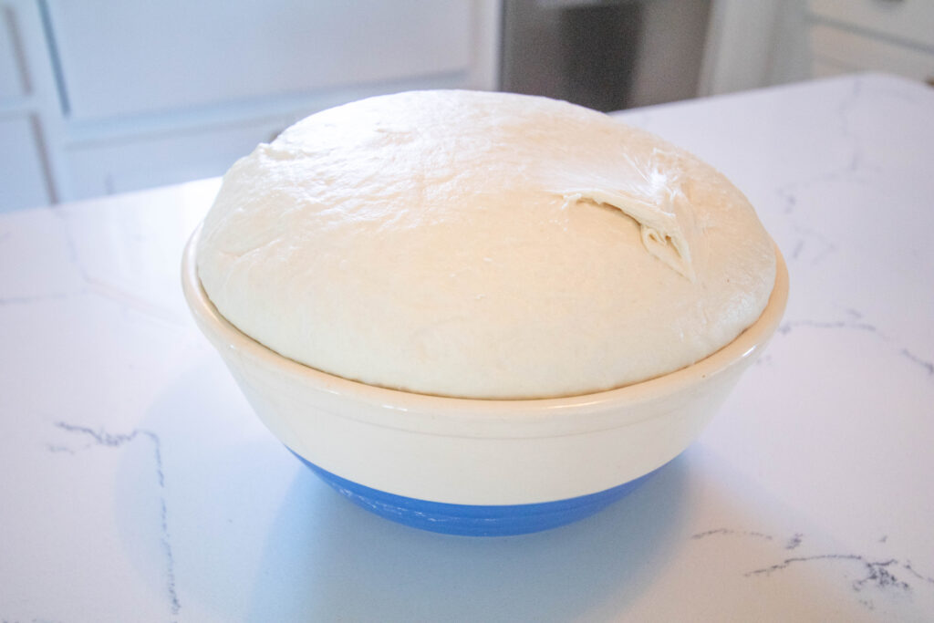 risen bread dough in a porcelain mixing bowl