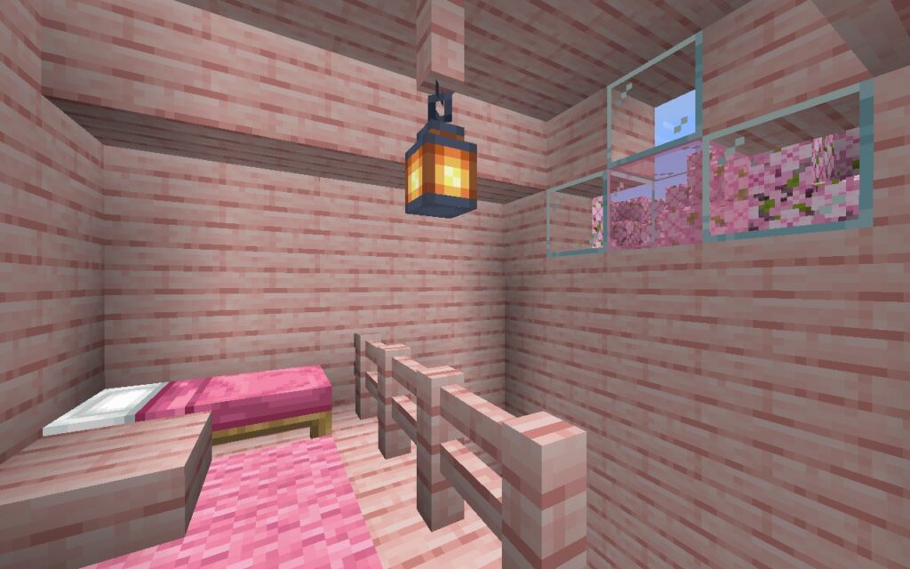 Minecraft screenshot inside pink cherrywood house