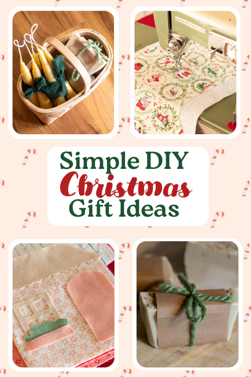 4 pictures of DIY Christmas gifts with a candy cane background and a text overlay that says "Simple DIY Christmas Gift Ideas"