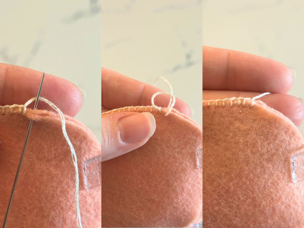 A 3 picture collage tutorial of a blanket stitch on a felt play oven mitt.