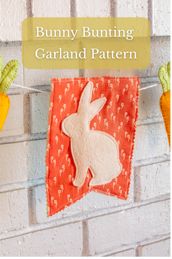 Bunny bunting garland hanging on white brick fireplace with text overlay that reads "Bunny Bunting Garland Pattern"