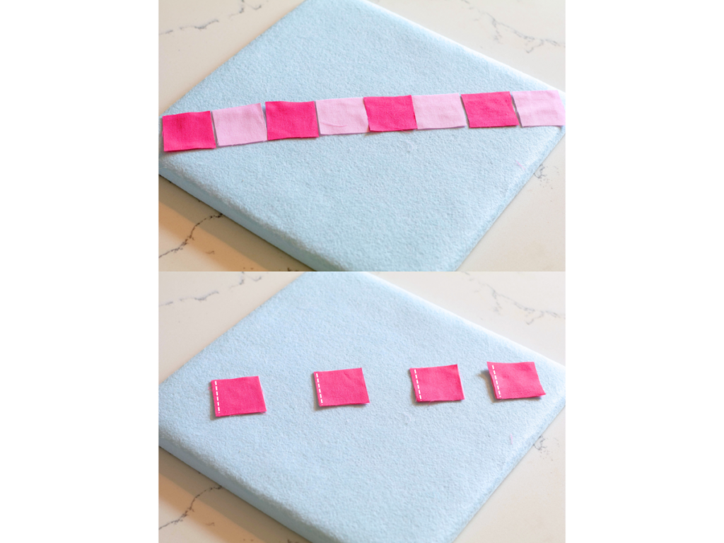 2 image collage of fabric squares on a quilt board. 