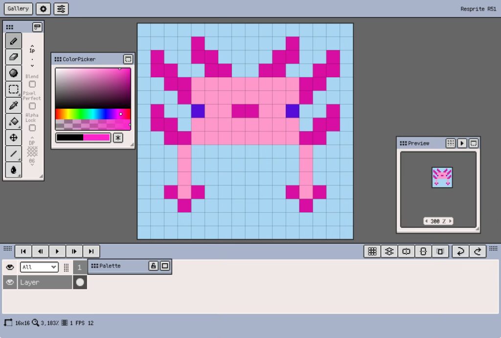 Screenshot of ReSprite design screen with 16x16 Minecraft Axolotl design in the center