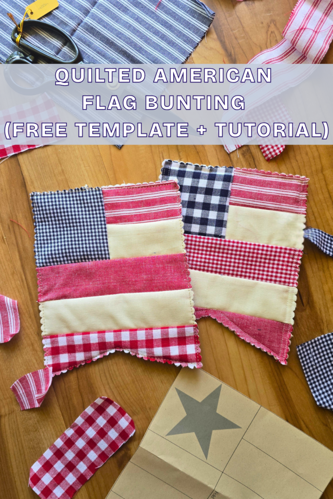 Quilted American flag bunting on a wooden background and a text overlay that reads Quilted American Flag Bunting (free template + tutorial)
