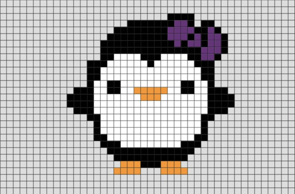 Digital image of a pixel art penguin on a grid.